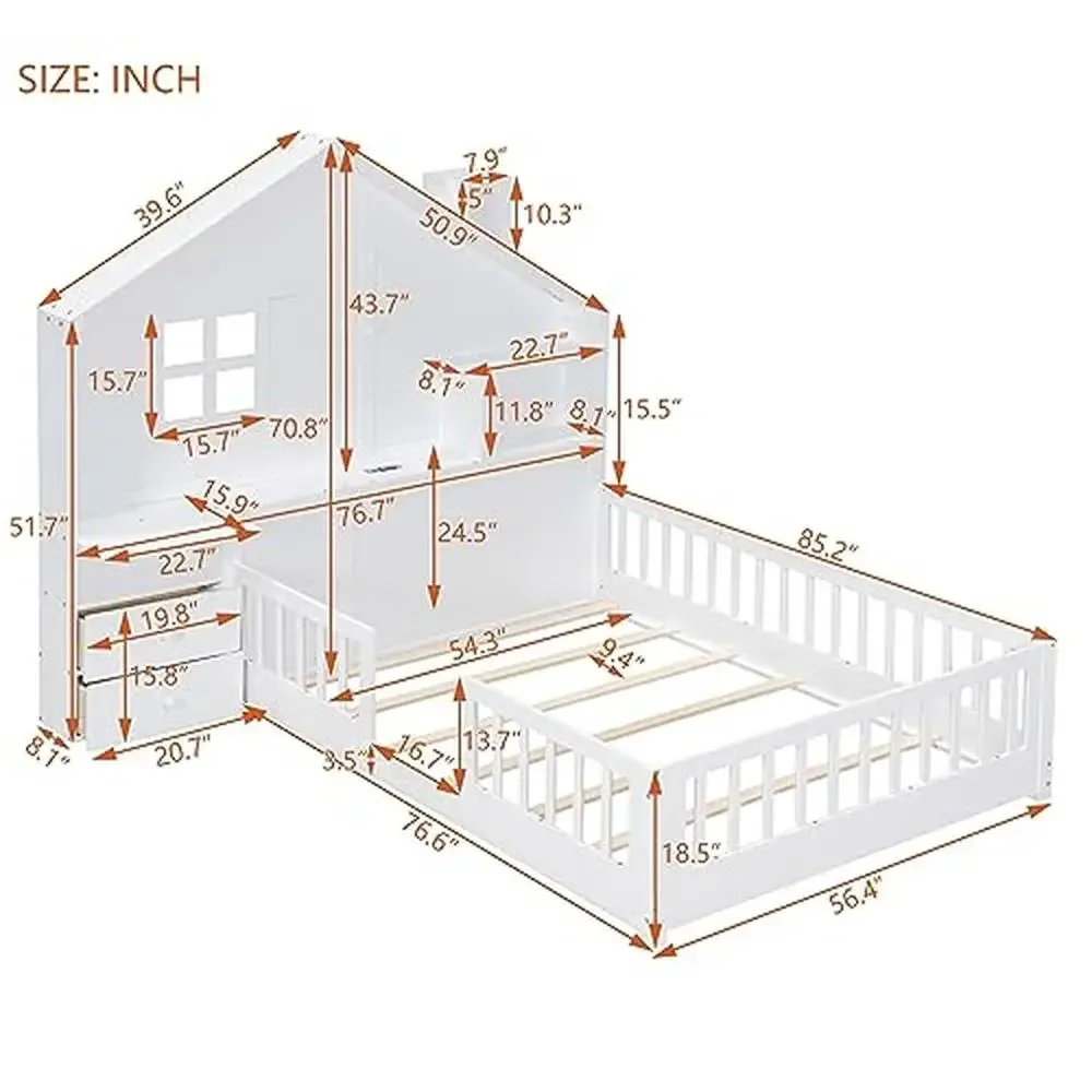 Kids Wood Montessori Floor Bed with Rails Stunning House Design Bedside Drawers Window USB Port Full Size Durable Pine Frame 2
