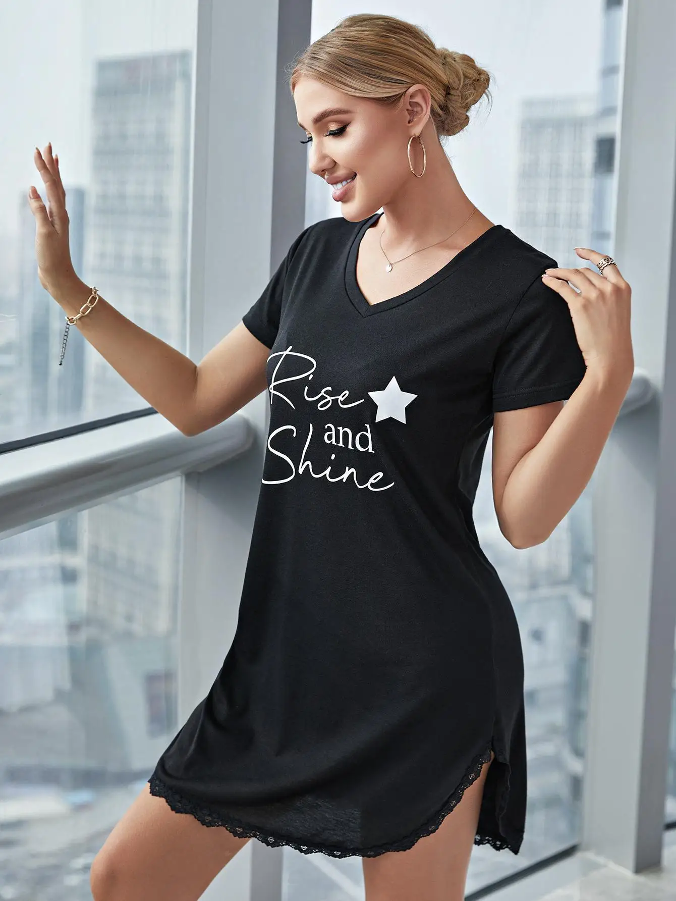 Nightgowns for Women Sexy Sleepshirts V Neck Short Sleeve Sleepwear Lace Trim Night Shirts Nightwear Homewear Nightdress Suit