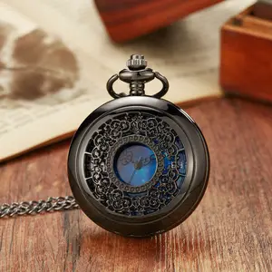 Pocket Watch Hollow Blue Starry Sky Dial Roman Numerals Quartz Pocket Watches with Necklace  Christmas Birthday Gifts 2023