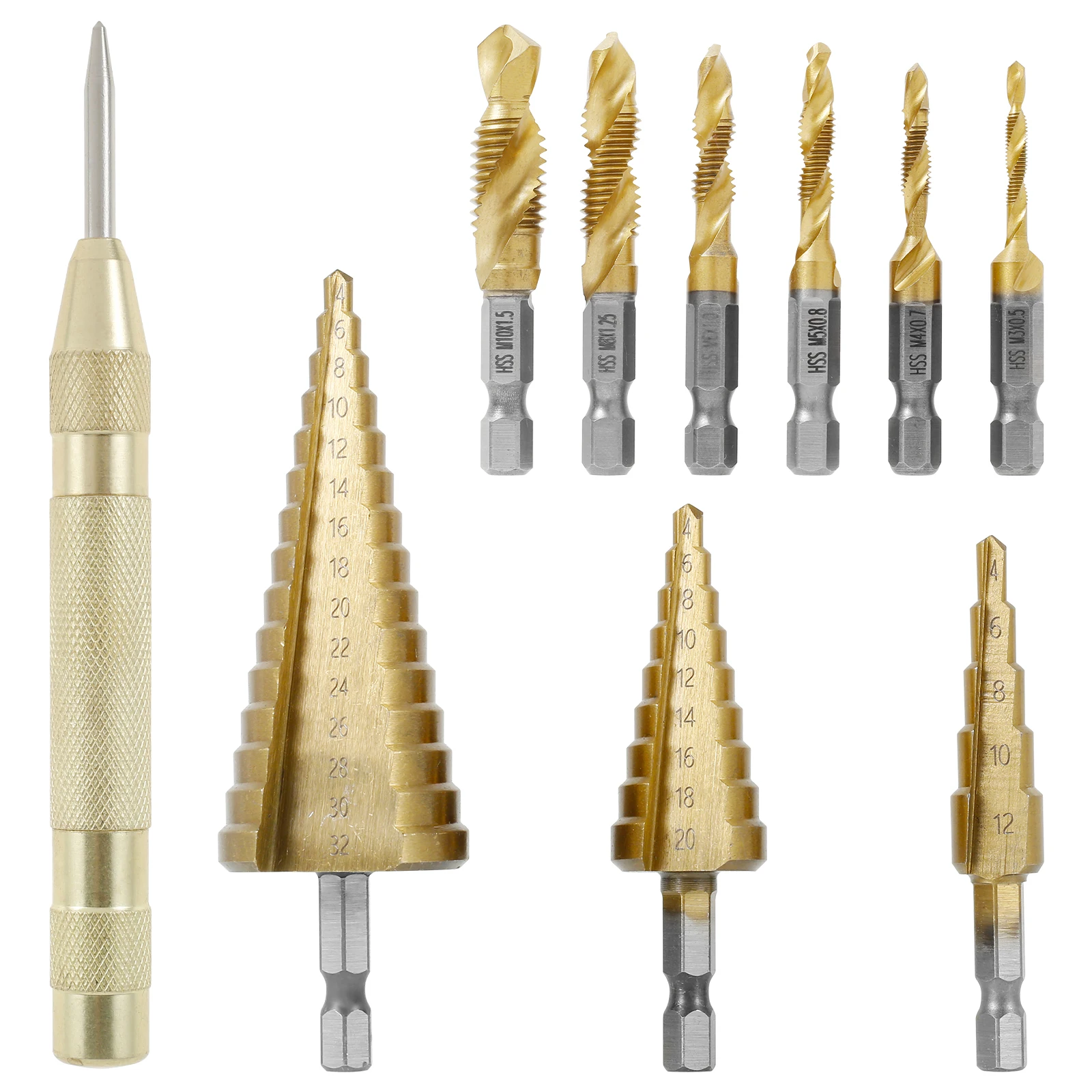 

10Pcs Combination Drill Bit Set Straight Flute Step Drill Bit Hex Shank Screw Tapping Drill Bit Spring Loaded Automatic Center
