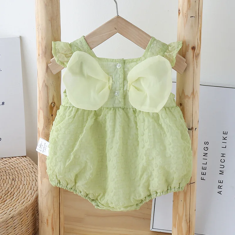 

Summer Newborn Girls Jumpsuit Flying Sleeve Mesh Bow Solid Color Round Collar Muslin Cool Infant Girls Bodysuit Baby Girl Romper