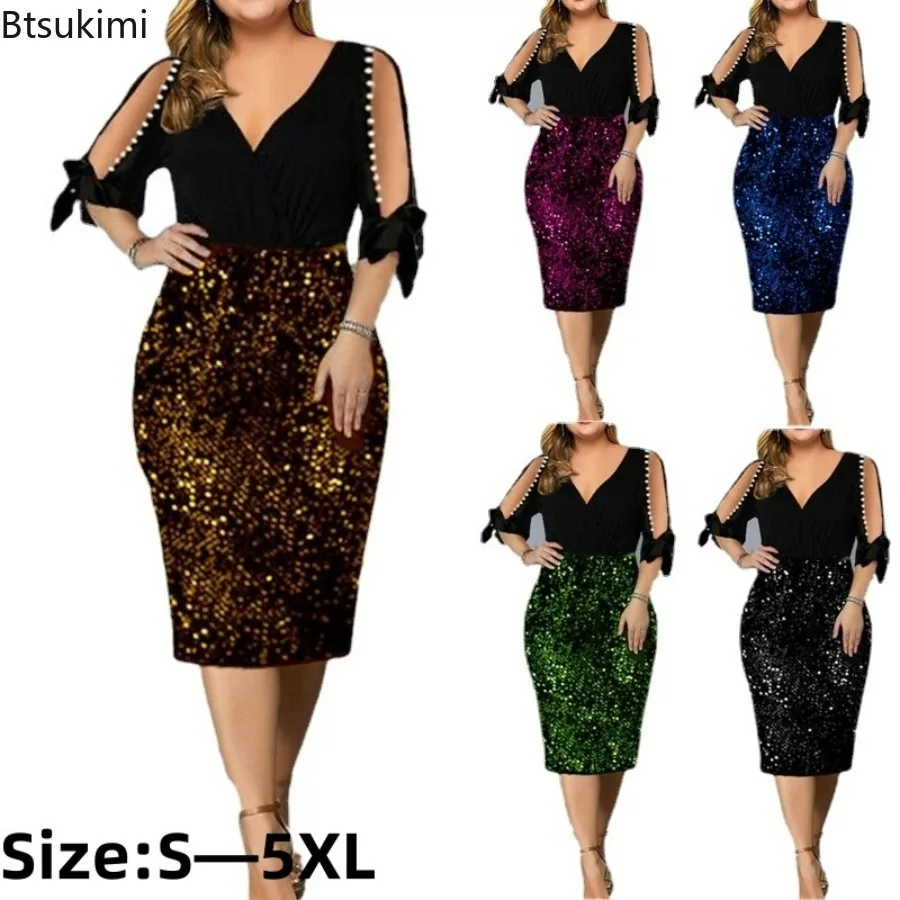 

2024 Women's Pencil Dress Sexy Hollow Out Design Bead Bandage Sequins Decor V-Neck Petal Sleeve Mid Waist Slim Hips Party Dress