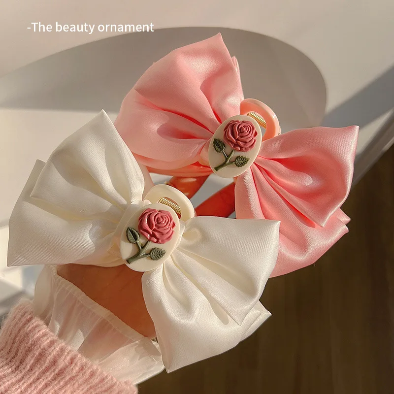 big bow hair clip women girls double sided velvet bowknot shark clips korea back head hairpin autumn winter headwear accessories Double Sided Rose Bow Hair Clip For Headwear Women's Hindbrain Spoon The Head Curly Hair Clip Large Shark Clip