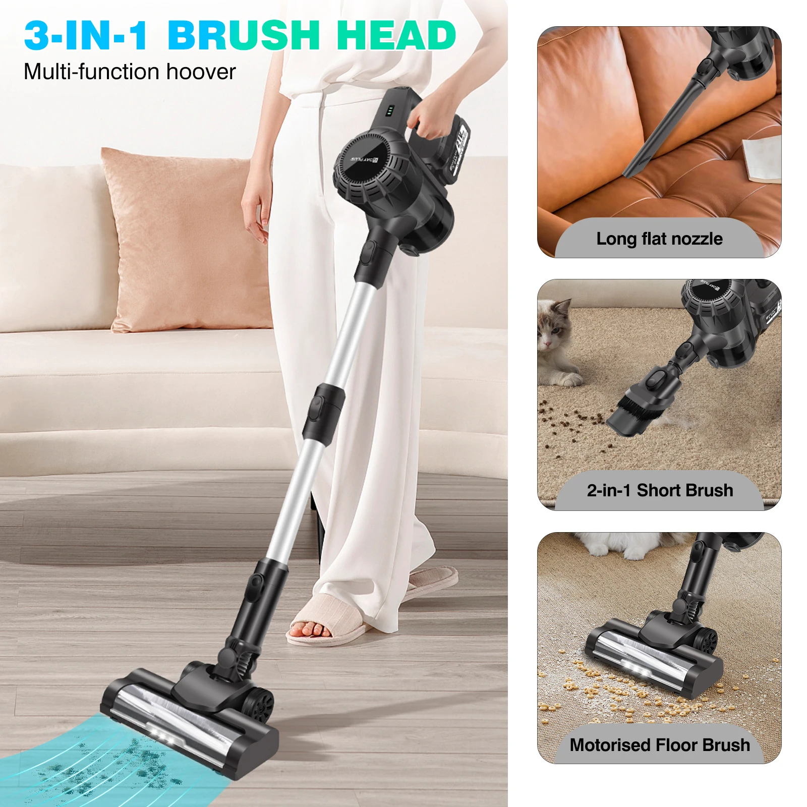 DayPlus Cordless Upright Stick Vacuum Cleaner,3 In 1 Wireles Handheld Vacuum Cleaner 130000RPM Brushless for Carpets, Hard Floor 2