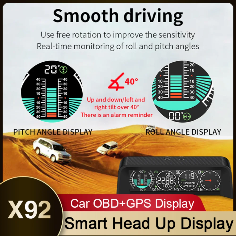 

HUD X92 OBD GPS Car Smart Speedometer Off-road LCD Head Up Display Time Compass Voltage Intelligent Level Altitude Meter Display