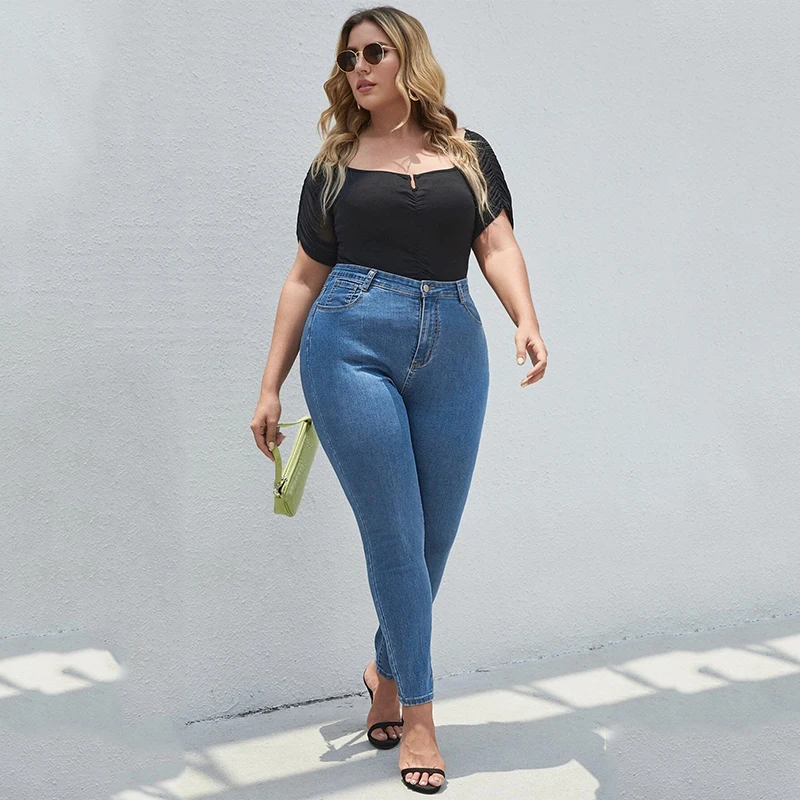 Long Pants For Women Women Plus Size Stretch Slim Denim Skinny Jeans Pants  High Waist Pencil Trousers Dark Blue 3XL JE 