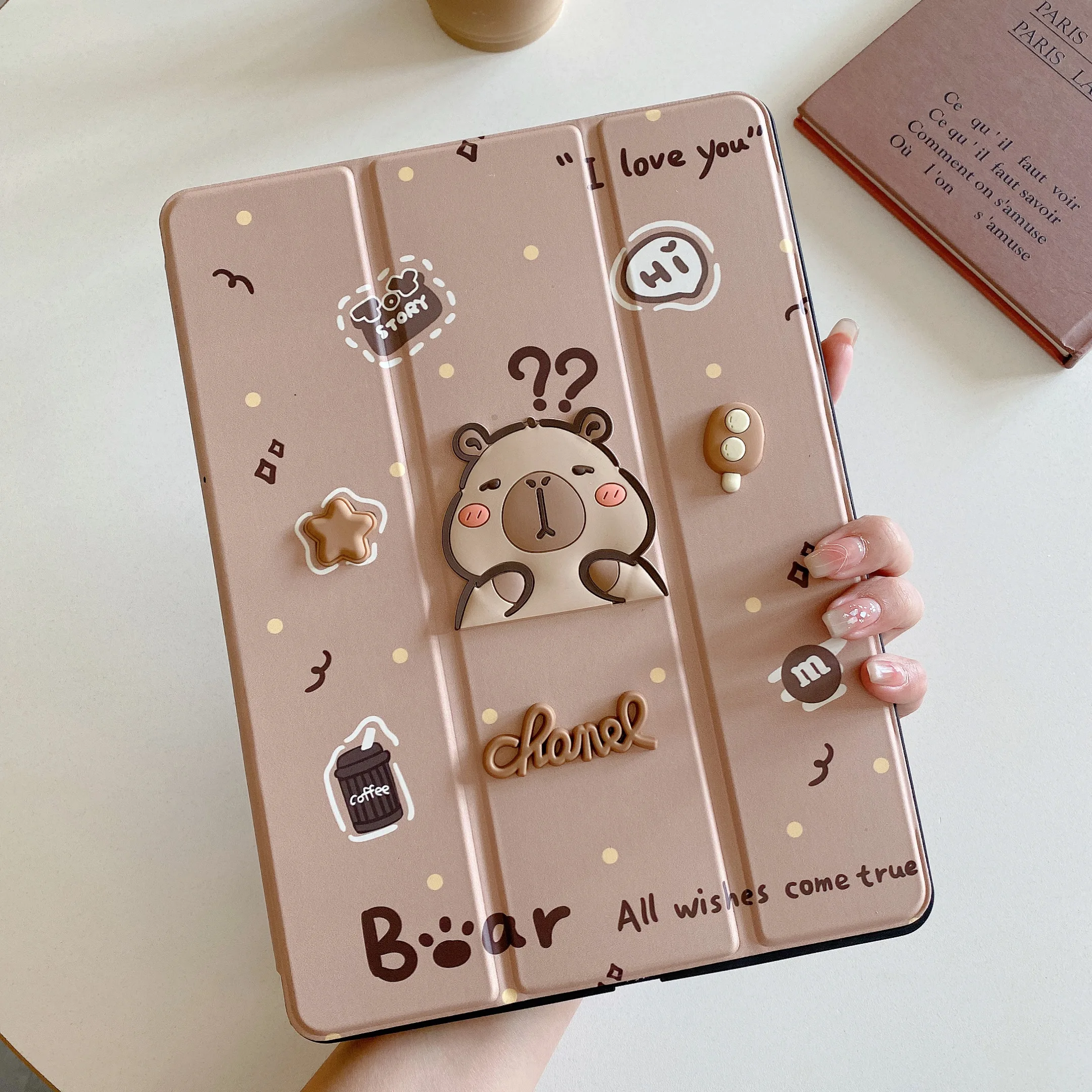 Adorable Capybara Cartoon Tablet Case with Pen Tray - Leather Finish