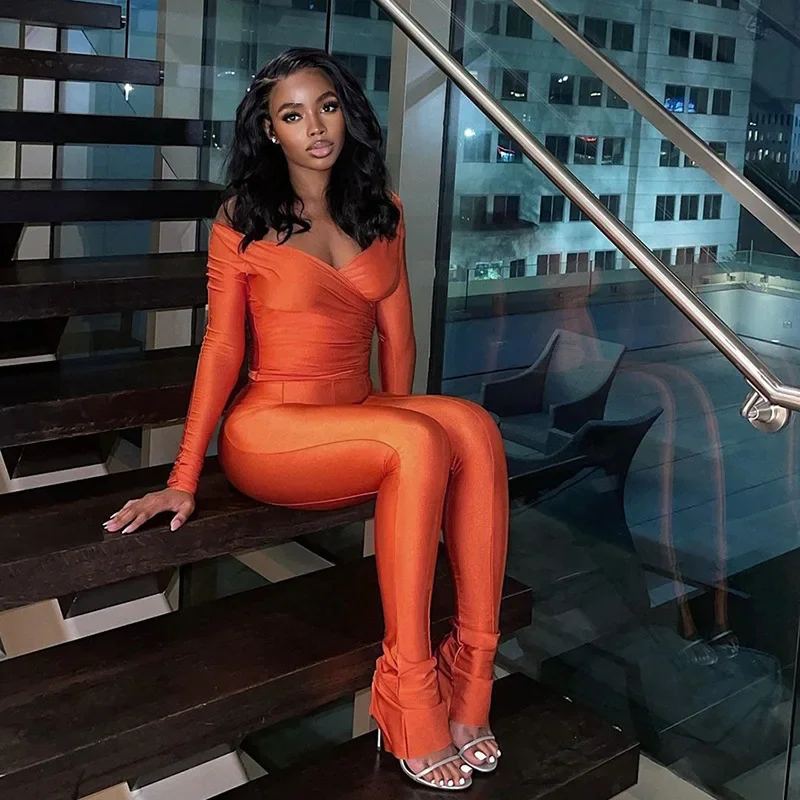 2023 Autumn Solid Casual Two Piece Set Women Sexy Wrapped V Neck Off Shoulder Gloves Long Sleeve Crop Top Slim Split Pants Suits