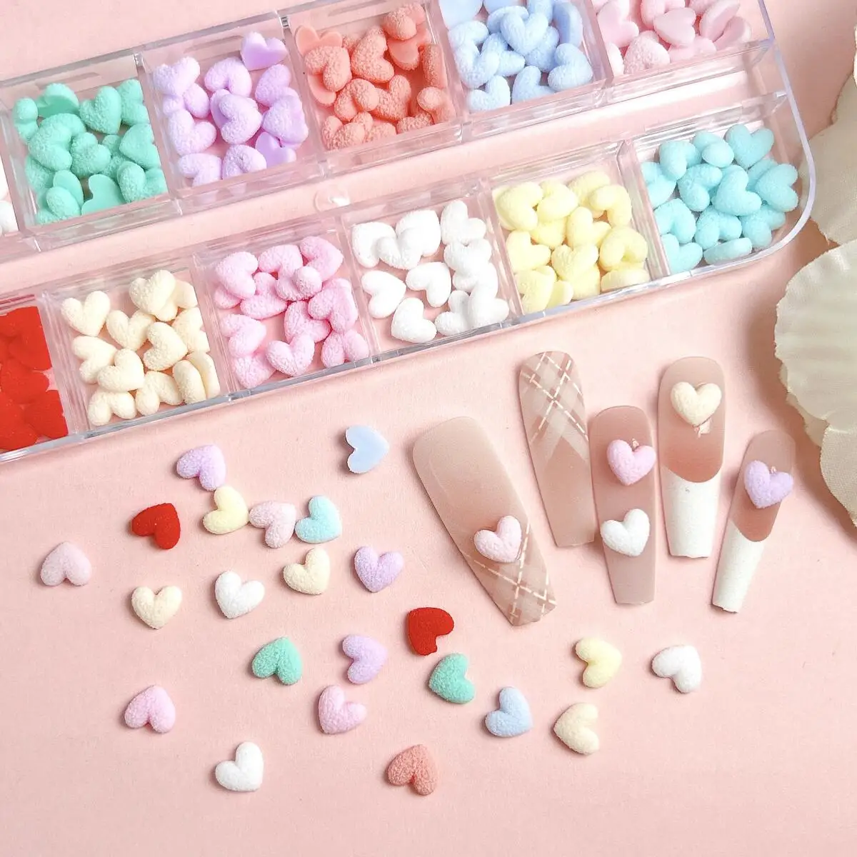 1박스 3D 매트 발광 복숭아 하트 레진 네일 아트 장식 단색 미니멀리스트 하트 네일 참 DIY 귀걸이 네일 부품