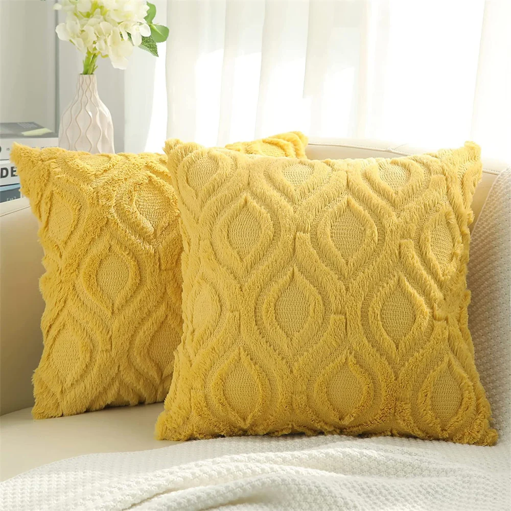 Set Di 2 Federe Per Cuscini 45x45 Cm In Ciniglia, Giallo, Morbide Con Cerniera Invisibile, Per Divano E Auto