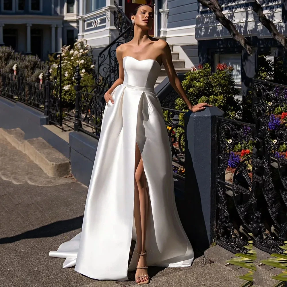 

Elegant Satin Wedding Dresses For Women White Sweetheart Off Shoulder A-Line Vintage Bride Elegant Customize To Measures 2024