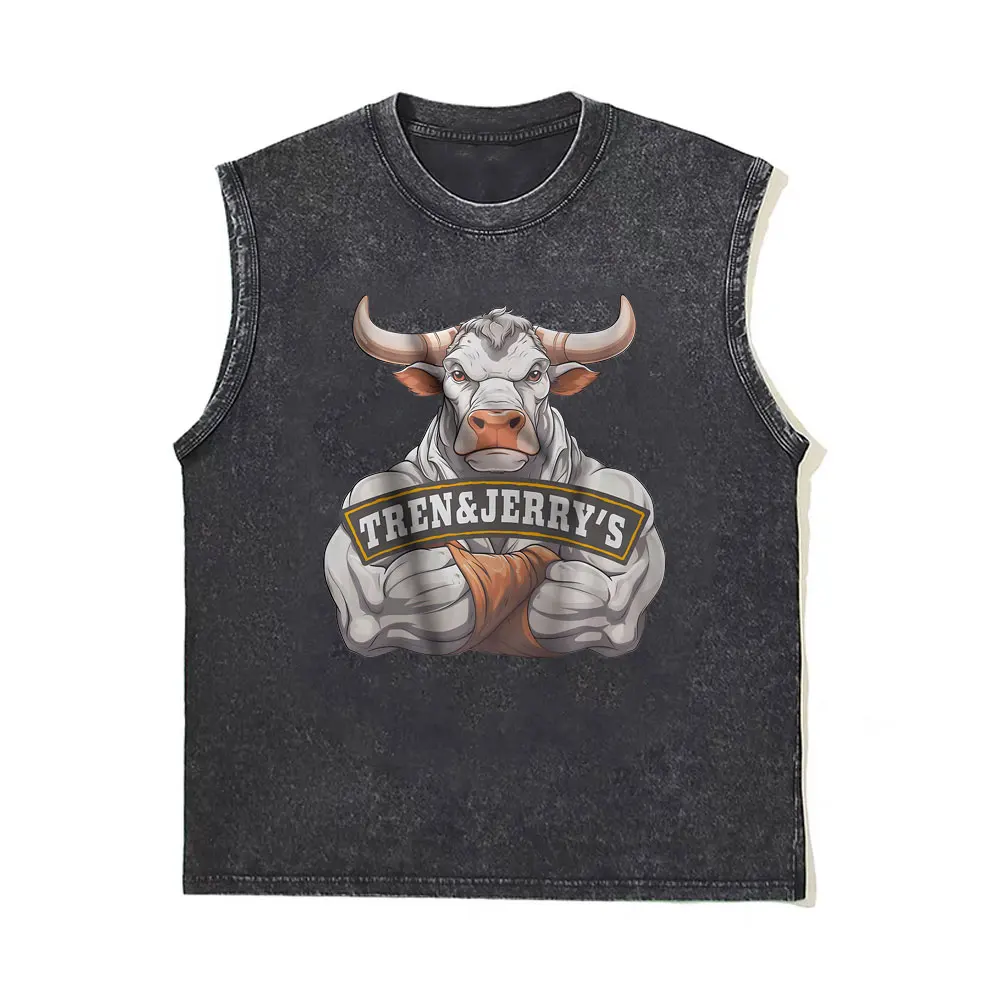 

Washed Vintage Tren and Jerry's Oversized Pump Cover Tank Tops T-shirt Funny Men Women Fitness Workout Gym Lovers Vest T Shirts