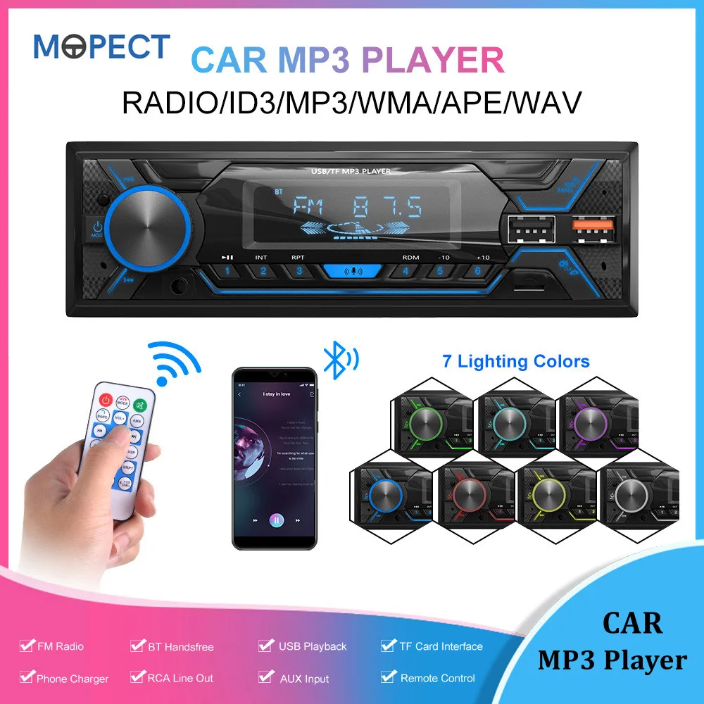 1 Din Автомобильный MP3-плеер, автомобильный радиоприемник, FM, Bluetooth, автомобильный стерео приемник, громкая связь, дистанционное управление, поддержка USB-диска, TF, Aux, плеер