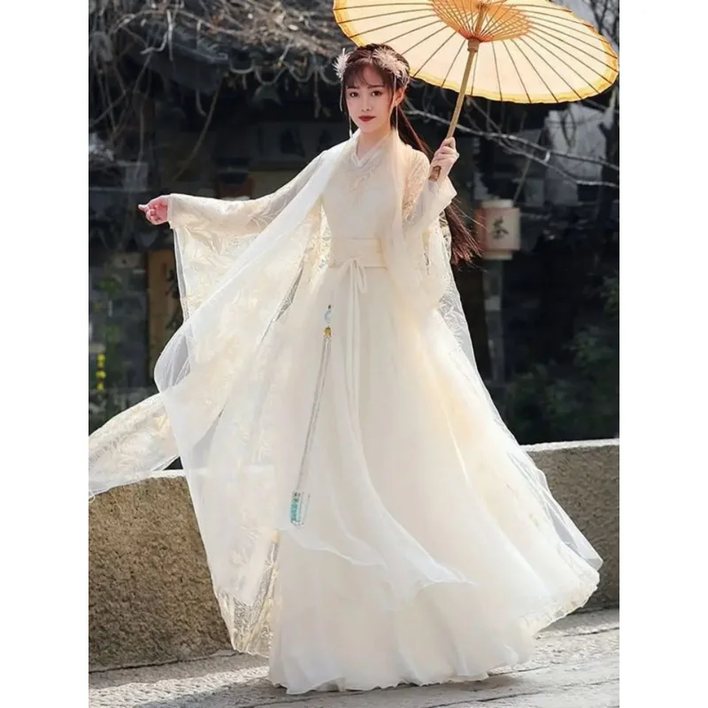 

Женский костюм для косплея Hanfu с кружевной вышивкой, летнее дышащее сказочное платье в китайском стиле, одежда для выступлений и народных танцев