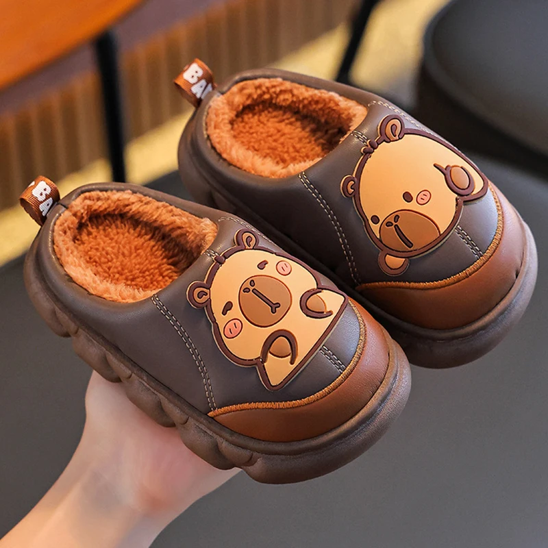 Children's Waterproof Cotton Slippers Winter Non Slip Thick Bottom Home Slides Children Indoor Warm Soft Plush Slippers Women