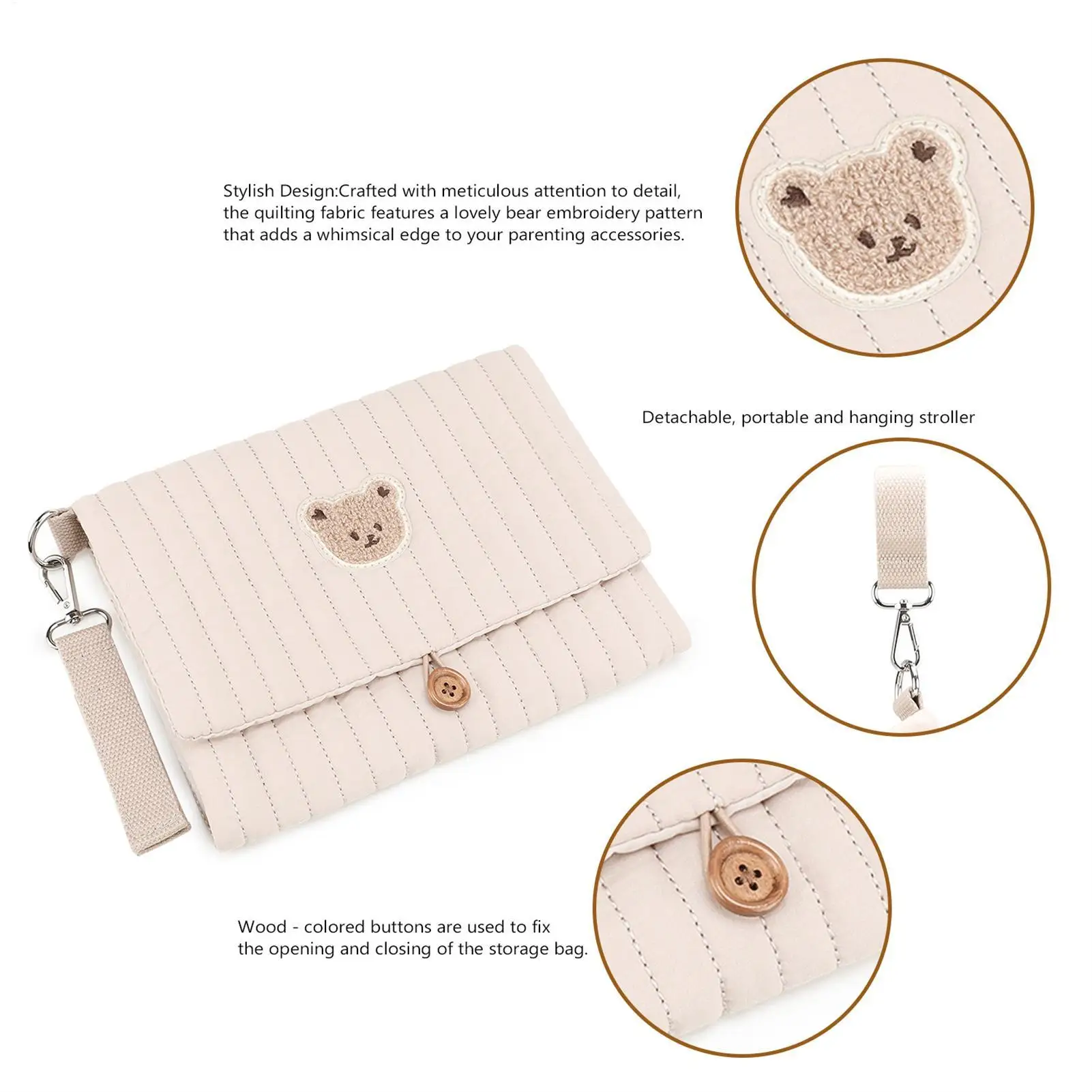 귀여운 곰 자수 디자인의 접이식 기저귀 가방, 유모차 스트랩과 여러 개의 포켓이 있는 엄마, 아빠, 남자아이, 여자아이를 위한 기저귀 가방