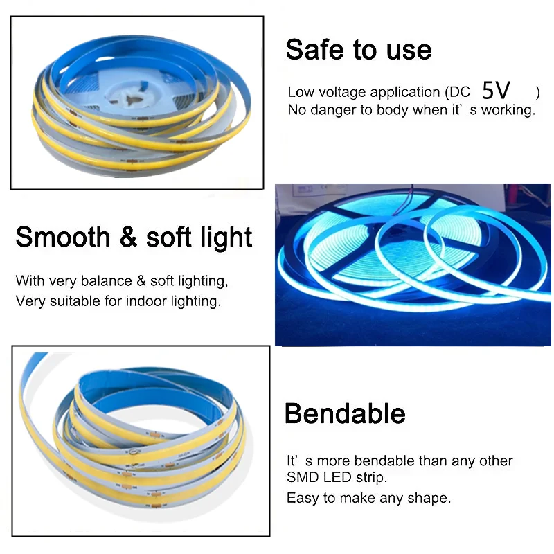 Description Picture 6 of itemUSB COB LED Strip Light DIY TV Mirror Backlight 320LEDs/M 5V Ribbon Tape Touch Sensor Dimmable Lamp RA90 Kitchen Room Decoration