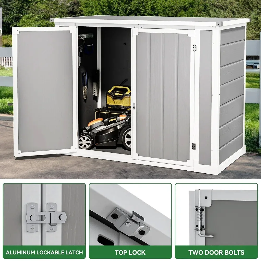 Resin Storage Shed, 41 Cubic Foot Small Outdoor Shed with 3 Doors and Floor, 306 Gallon Deck Box Waterproof