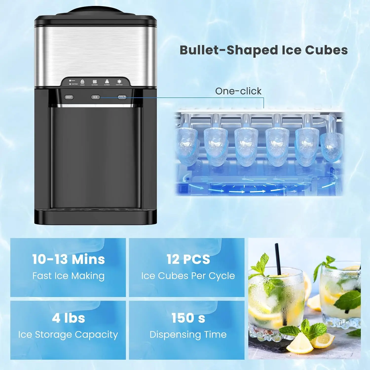 Water Cooler Dispenser with Ice Maker, 3 in 1 Top-Loading Hot & Cold Water Dispenser 5 Gallon, 48 LBS Daily-Ice, Portable Ice Cu 3