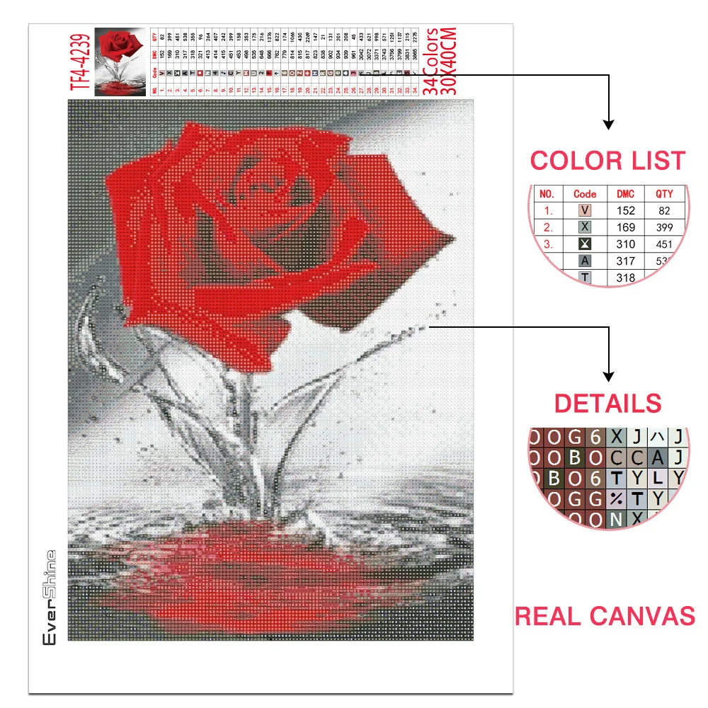 EverShine DIY Diamond Mosaic Flowers Cross Stitch Diamond Embroidery Rose Rhinestones Art Painting Black And Red Home Decor