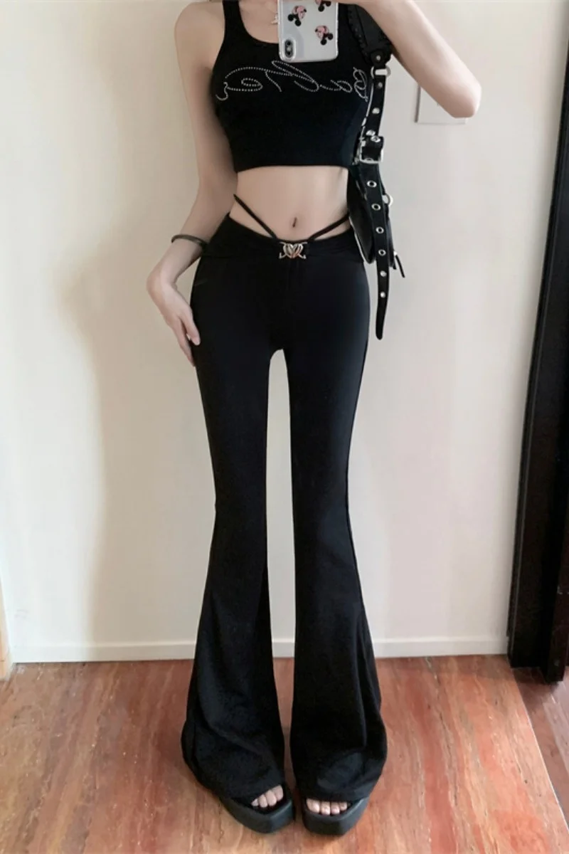 Black Low Waist Casual Pants For Female 2023 Summer Hot Girls Wide Leg Pants Slim And Droopy Design Micro Horn Pants