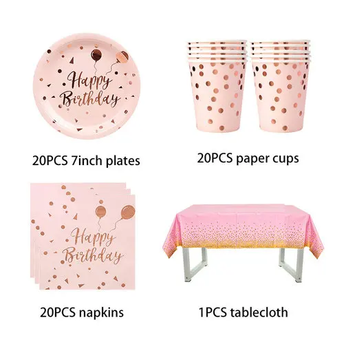 Neue Roségold Geburtstagsdekoration Ballons Tortendekoration Hintergrund Geschenktüte Tischware Becher Tischdecke Partyzubehör für Geburtstag – Detail 2