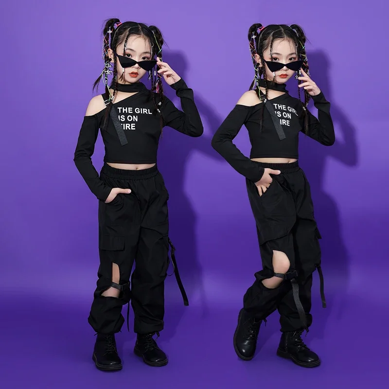 

Kids Teenage Hip Hop Clothing Long Sleeve Shirt Top Streetwear Black Jogger Pants For Girls Jazz Dance Costume Stage Clothes