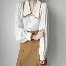 

V-Neck Long Sleeve Shirt Women's Retro Deciduous Yellow Contrast Line Large Lapel Ivory Loose Elegant Intellectual Top Fashion