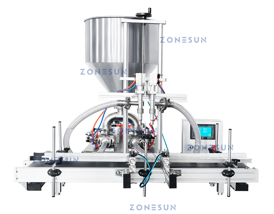 ZONESUN ZS-DTGT2 Automatic Pneumatic Double Head  Honey Paste Filling Machine with Conveyor