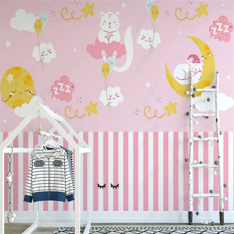 

Nordic Pink Starry Wall Paper Sky Kitten Cloud Cute Self Adhesive Mural Wallpapers for Girls Room Kids Room Decoration