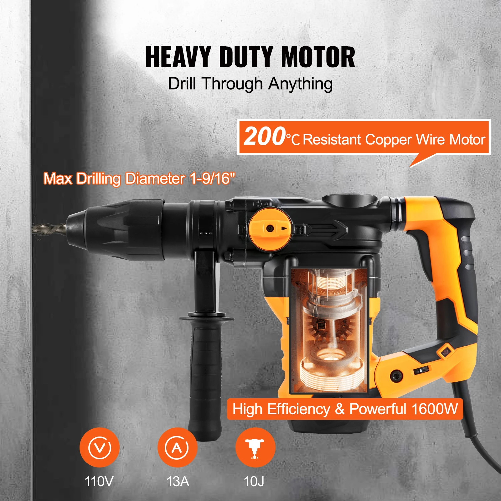 Corded Rotary Hammer Drill for Concrete and Metal