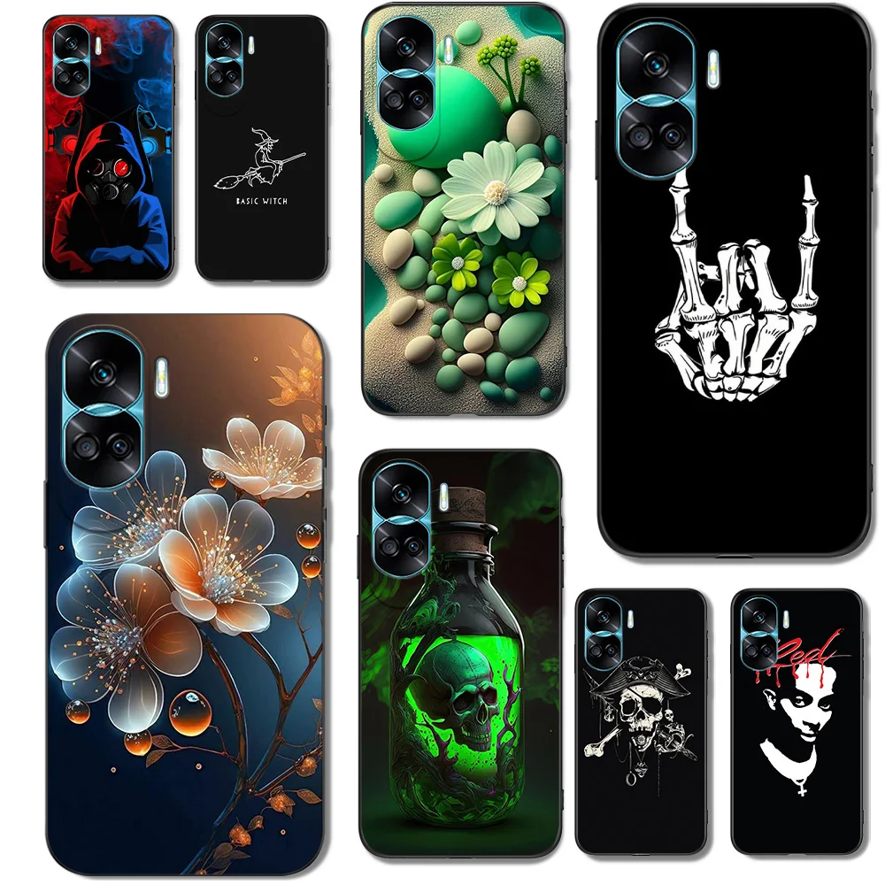 Per Honor 90 Lite Custodia Morbida Cover Posteriore In Silicone Per Telefono Custodia In Tpu Nero Teschio Per Auto A Fiori