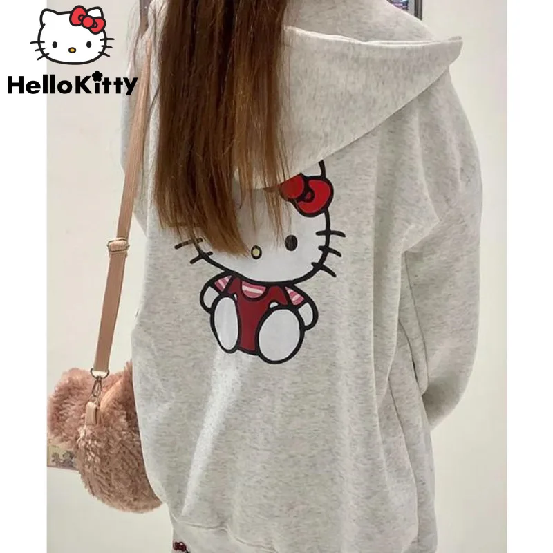 

Sanrio Hello Kitty New Long Sleeve Cotton Zipper Cardigan Women Korean Style Grey Hoodies Y2k Aesthetic Tops Fashion Sweatshirts