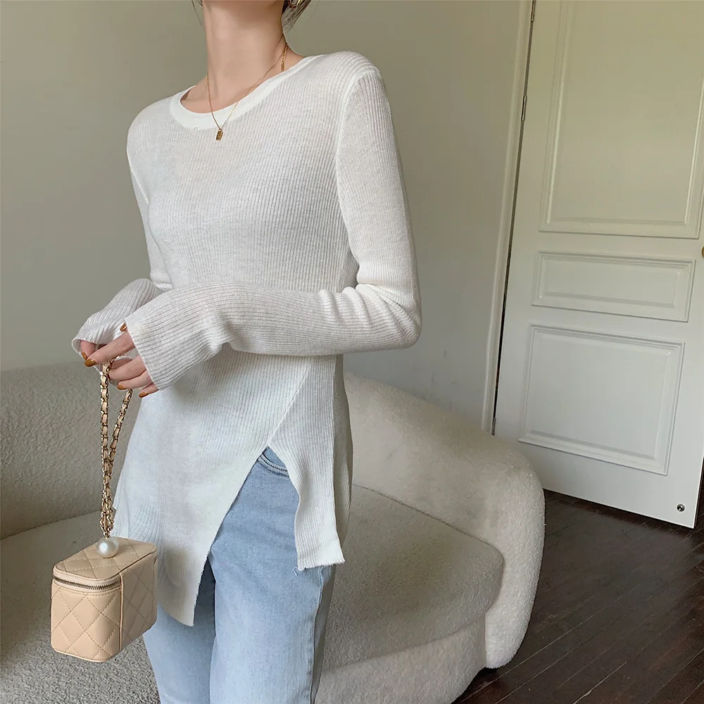 Croysier 2021 Fashion Women Asymmetric Slit Hem Ribbed Pullover Sweater Crew Neck Long Sleeve Casual Knitted Sweaters Pullovers sweater for women