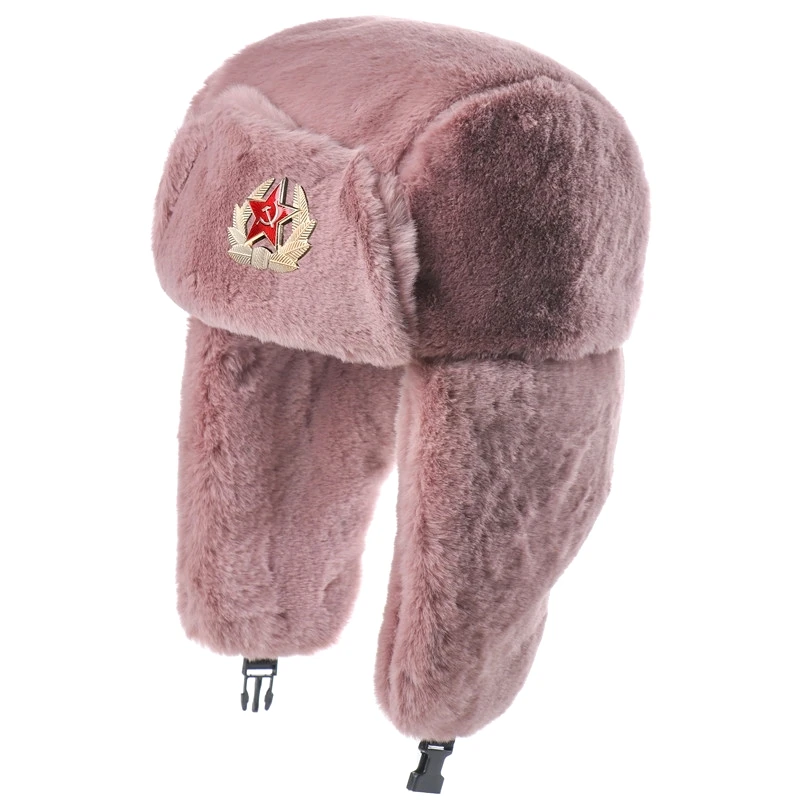 SupSindy Winter Women Soviet Badge Bomber Hat Warm Faux Rabbit Fur