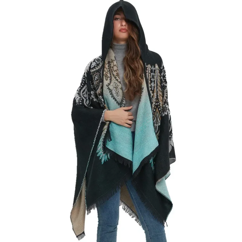 

Women Poncho Warm Winter Cape Coat Elegant Women's Shawls Shoulder Capes Jacket Ladies Black Hooded Cloak Woman Capa Mujer