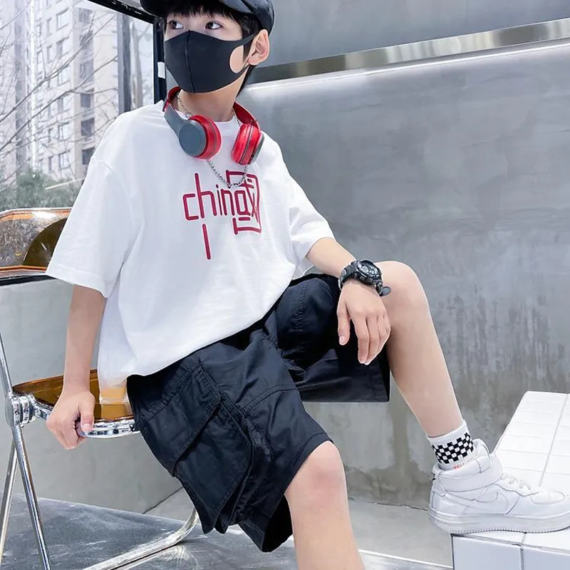 

Children Boys Summer Clothing Set 2022 New Fashion O-neck Short Sleeve Patchwork Letters Two Pieces Clothes Suit 4 6 8 10 12 Yea