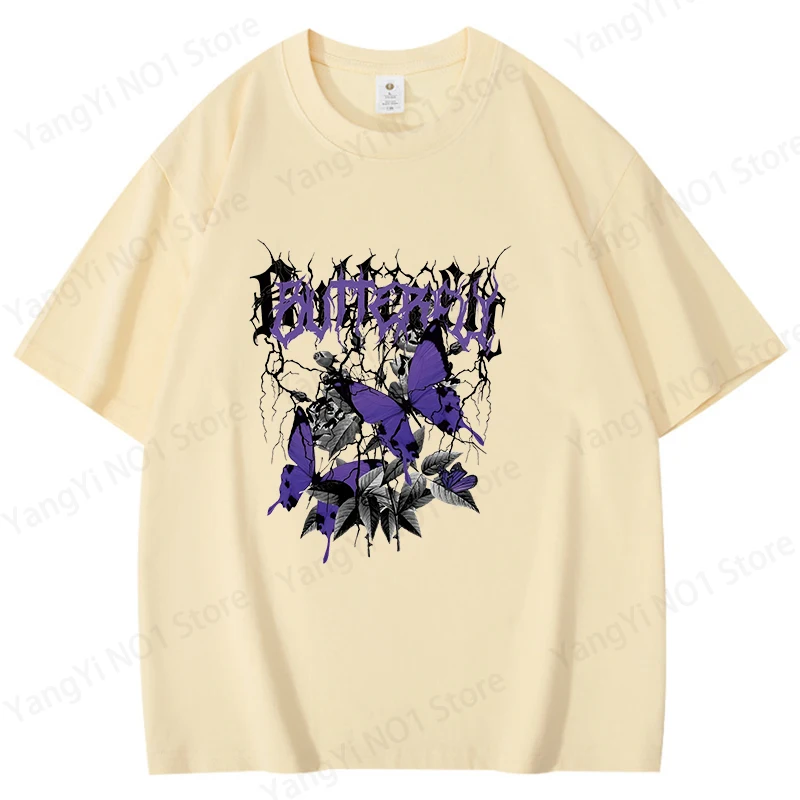 Purple Butterfly Graphic Unisex Cotton T-Shirt - Short Sleeve Summer Fashion Top in Plus Sizes