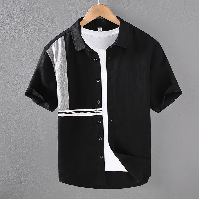 

942 High Quality Linen Shirt Men's Summer Fashion Short Sleeve Chic Patchwork Casual Loose Cozy Thin Lapel Blouse Daily Tops Tee