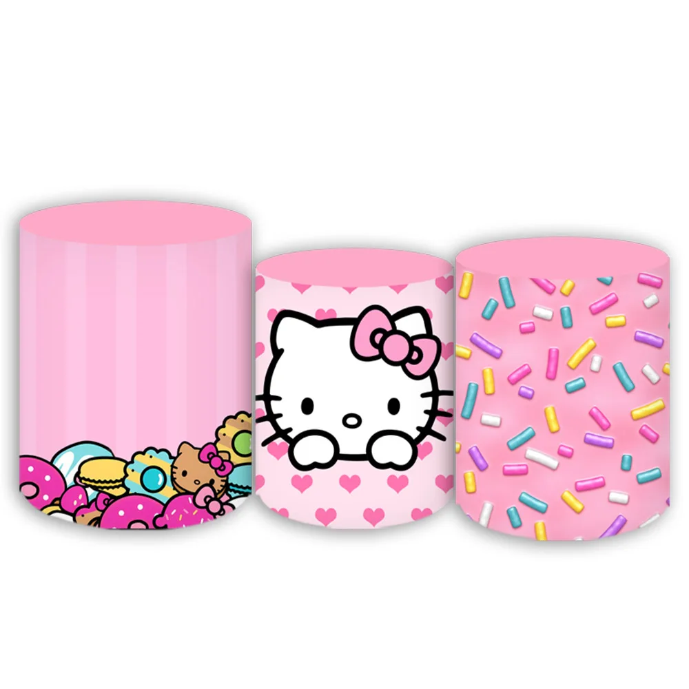 헬로 키티 원형 스탠드 배경 커버, 핑크 귀여운 고양이 소녀 1 차 파티 생일 배경, 베이비 샤워 탄성 실린더 배너