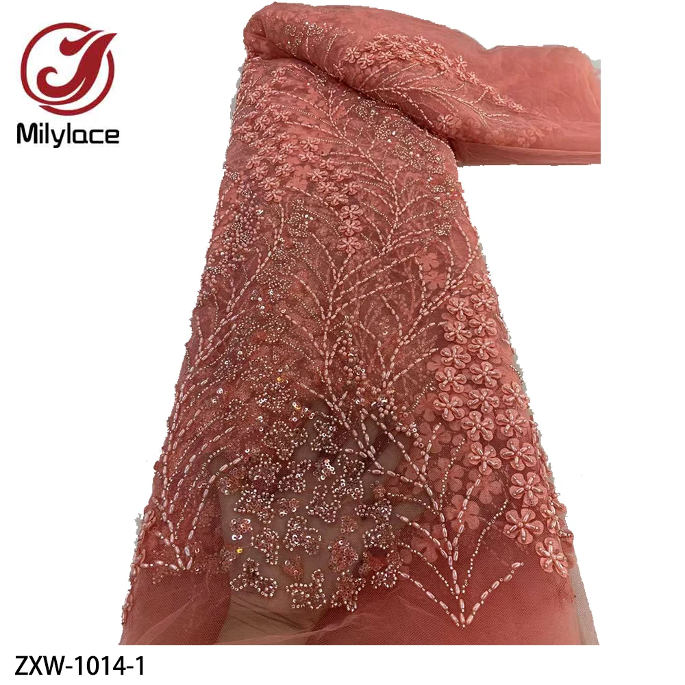 

Hot Sale African Beaded Lace Fabric 5 Yards Sequins Embroiderd Nigerian Lace Fabric High Quality French Lace for Drees ZXW-1014