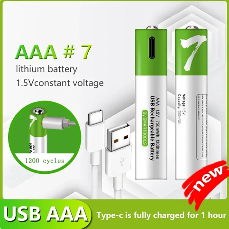 

AOAE Battery USB AAA rechargeable 1.5V Li-ion High Capacity 750mAh lithium Battery for Remote Mouse Toy Flashlight+ Type C Cable