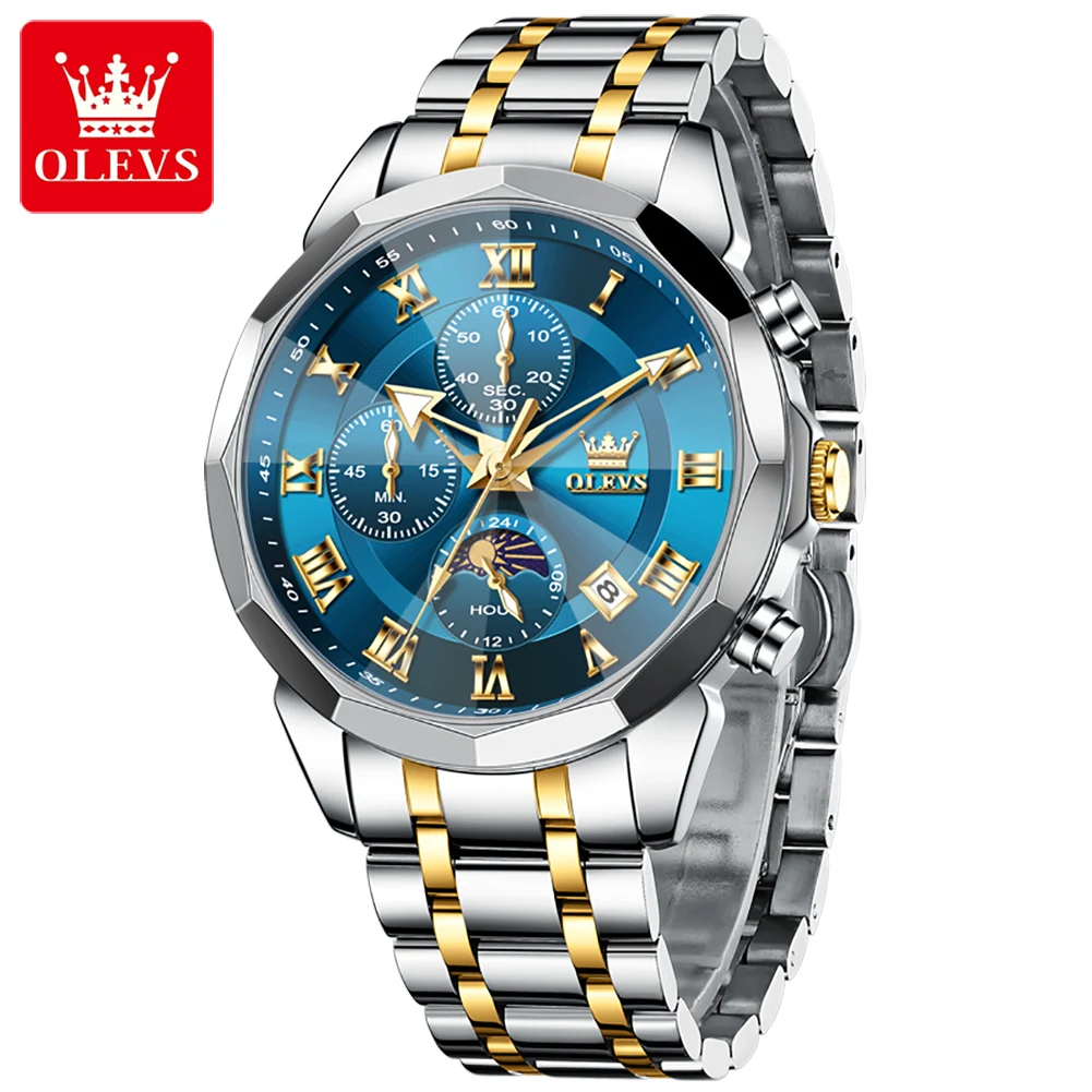 OLEVS 3675 Man Watch Rhombus Mirror Date Quartz Watch For Men 43mm Big Dial Chronograph Waterproof Moon Phase Luxury Wristwatch