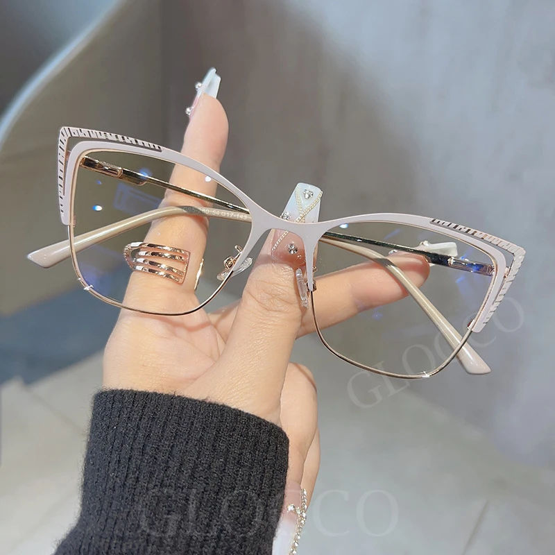 Anti Blue Light Cat Eye Myopia Glasses Women Brand Designer Spring Hinge Pink Eyeglasses Metal Frame Fashion Nearsighted Glasses 4