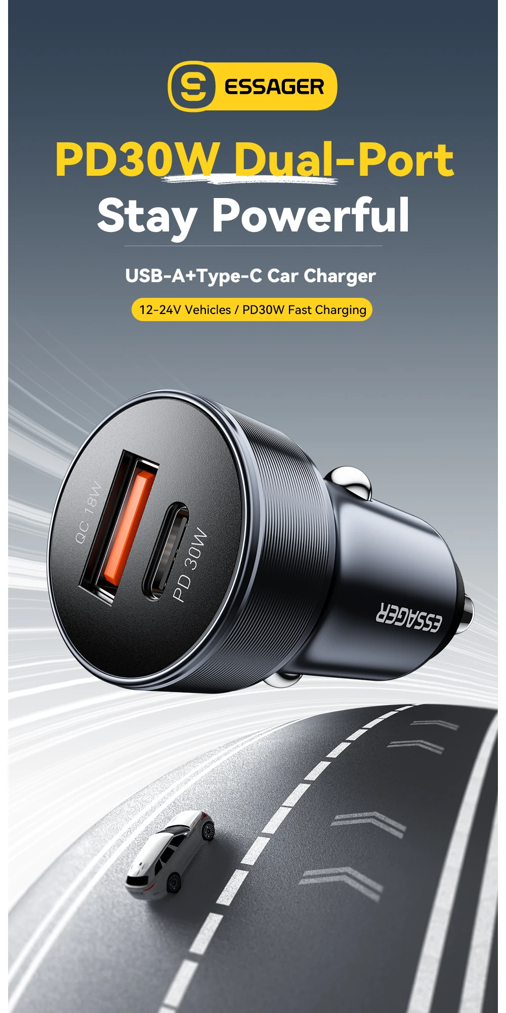 30W Mini Car Charger PD3.0 QC3.0 Quick Charge Type C Car Charger PD 22.5W Fast C