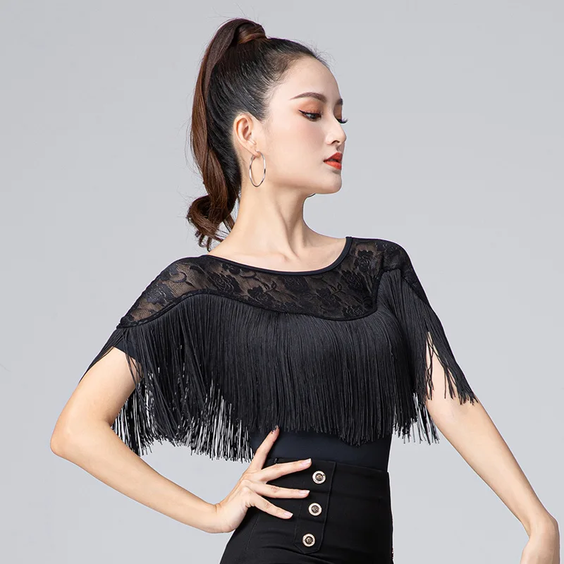 Modern Latin dance dress Ladies dancing shirt Black fringe Latin Dance tops Lace dance jumpsuit Square performance cloths dance dress,dance shirts