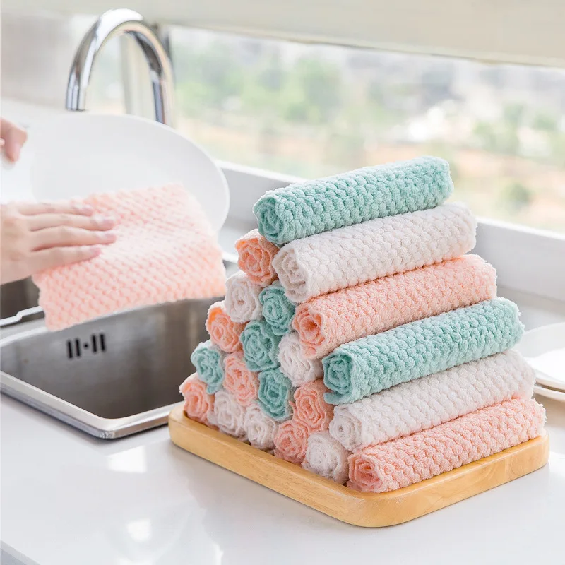 1PC Double-layer Absorbent Microfiber Kitchen Dish Cloth Non-stick Oil Household Cleaning Cloth Wiping Towel Home Kichen Tool