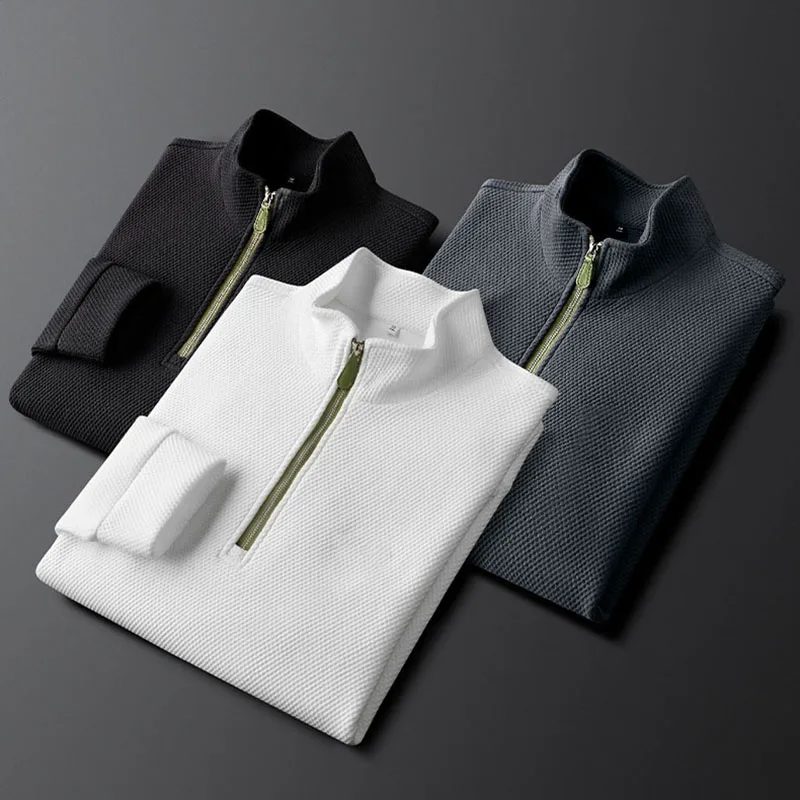 

White neckline half zip stand collar casual hoodie slim winter knit men's long sleeve clothes