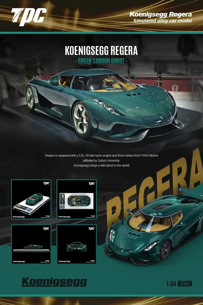 

TPC 1:64 Koenigsegg Regera Green Carbon Ghost Diecast Model Car
