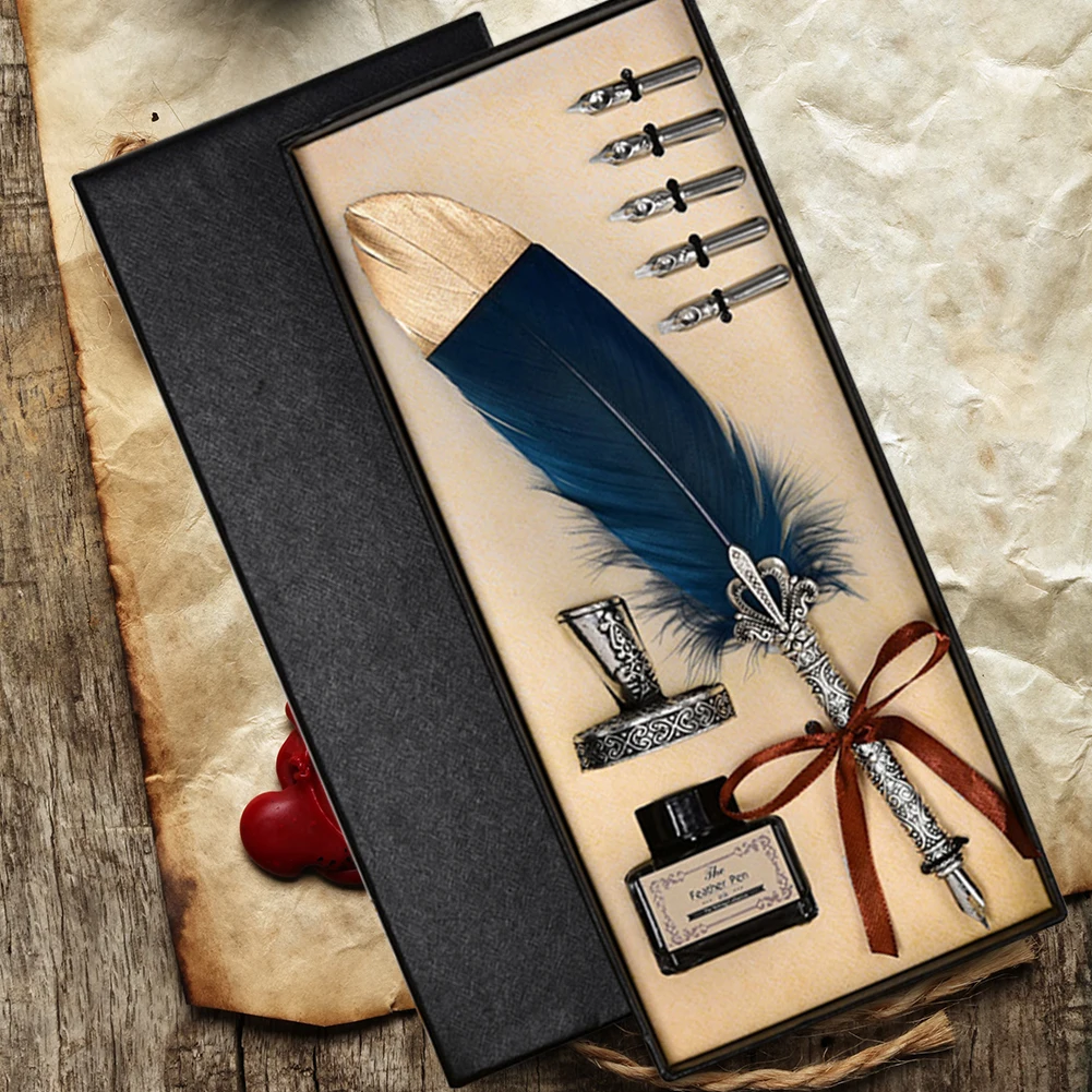 Vintage Calligraphy Feather Dip Pen Set with Ink - Creative Retro Writing Stationery